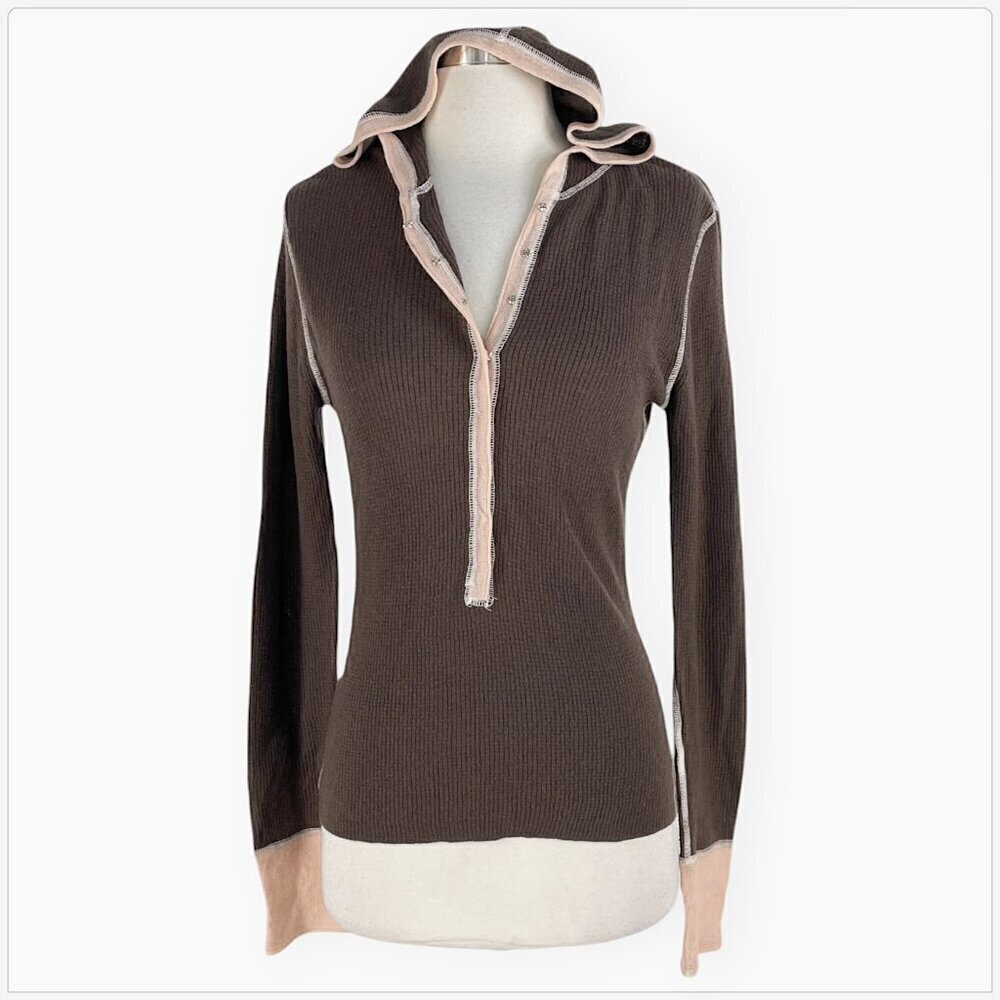 Fitigues 100% Cashmere Waffle Knit Brown Nude Peach Contrast Hoodie Sweater XS